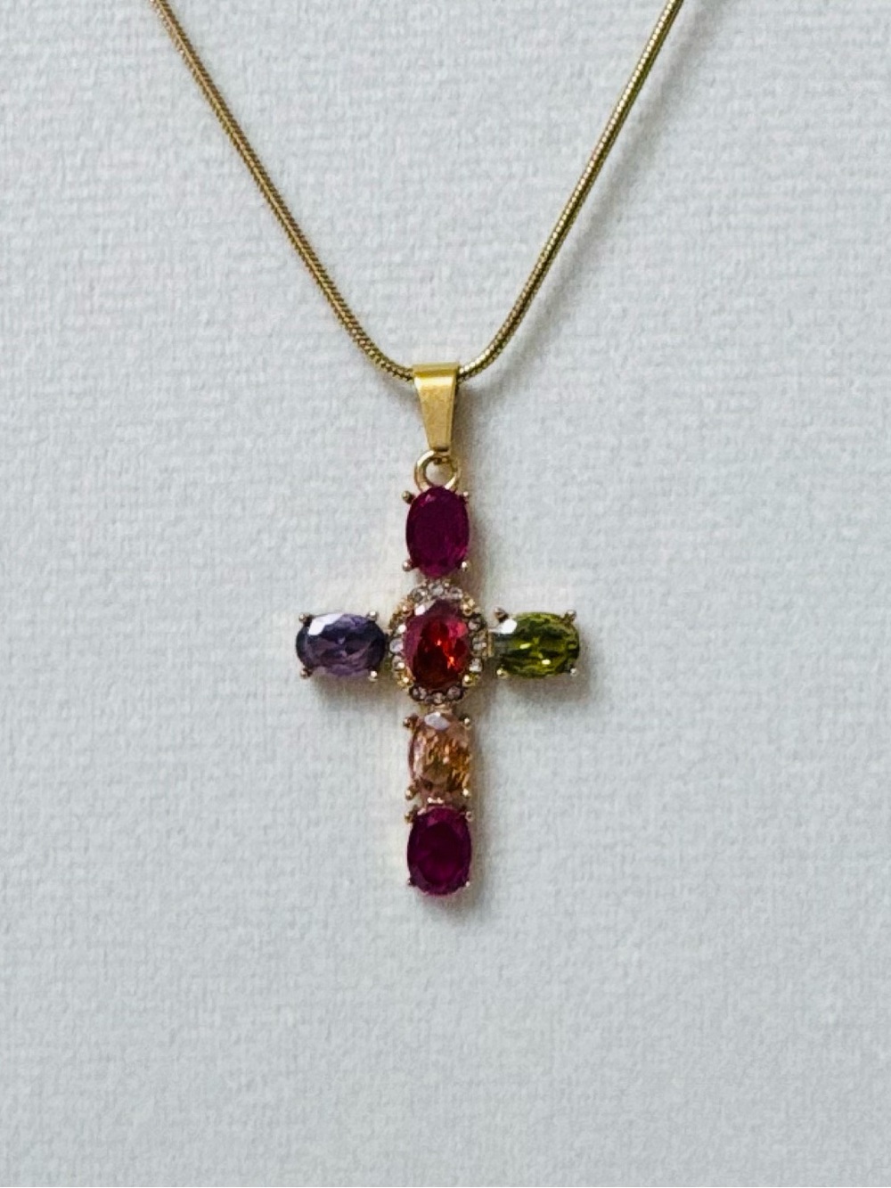 Multicolor Gem Cross Pendant Necklace - Gold
